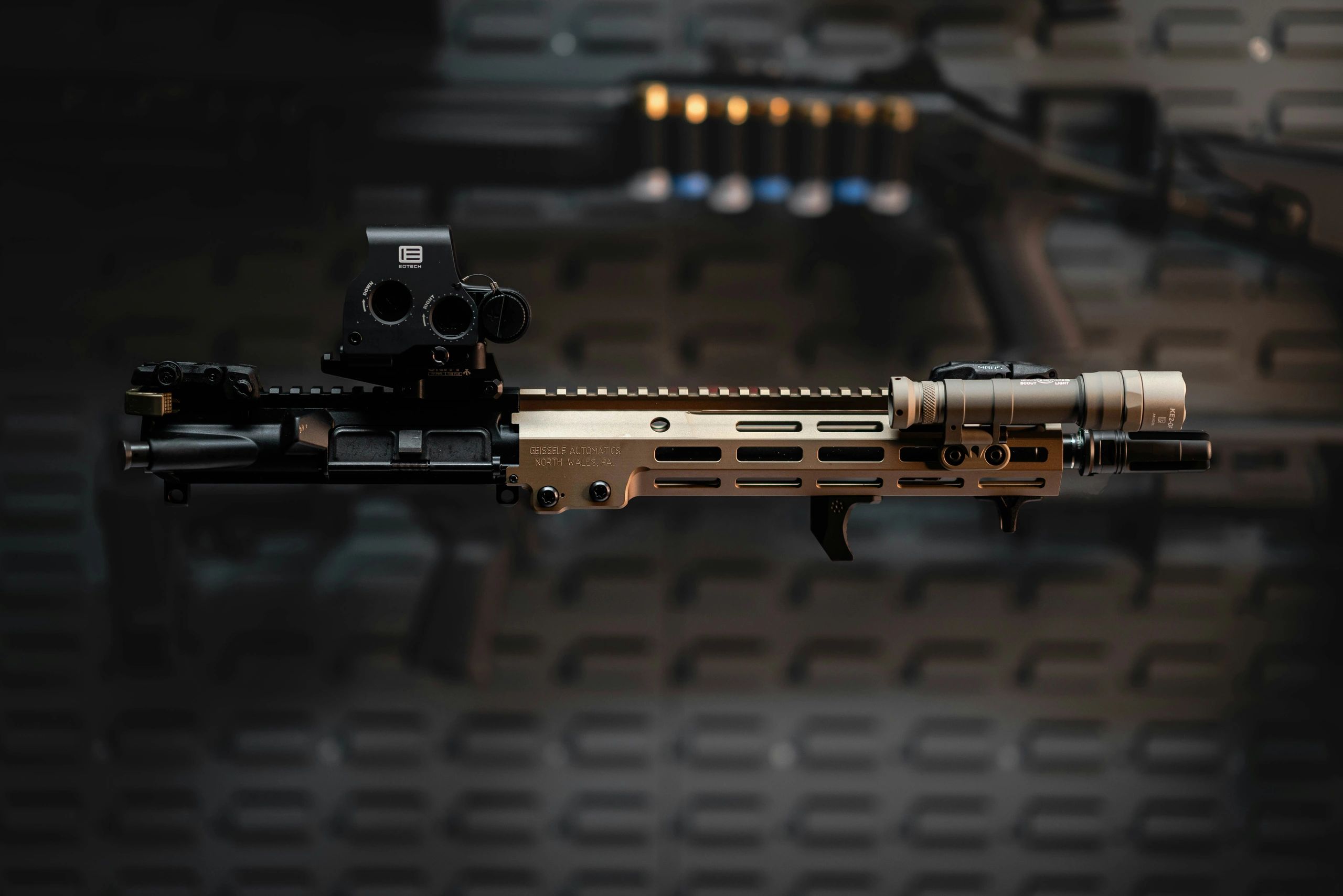 Rifle with optic and light, detail work